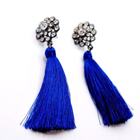 Long Blue Tassel Earrings Fringe Crystal Statement Earrings Chic Fashion Black - Picture 1 of 3